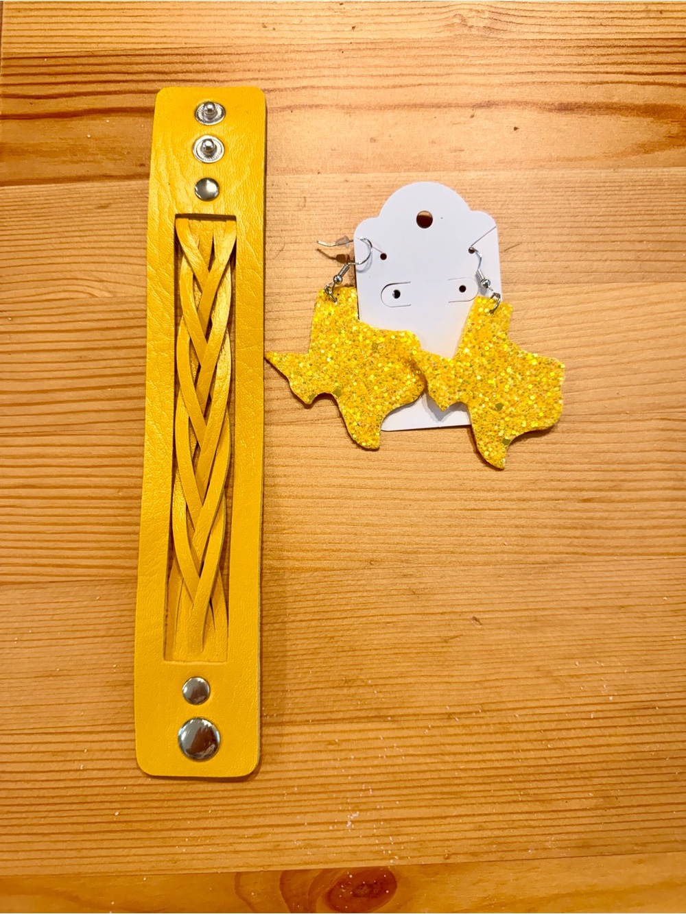 Yellow Braided Leather Wristband & Glitter Texas Earrings Set